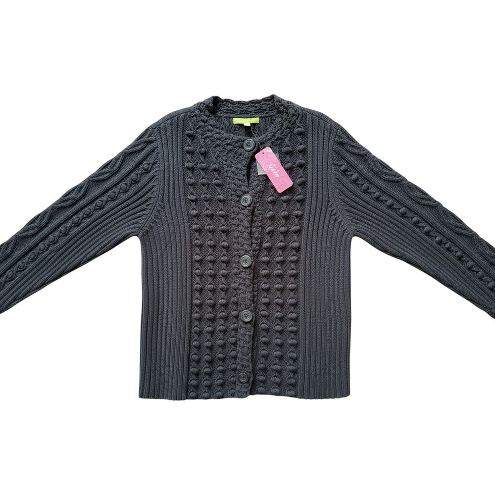 NWT Sigrid Olsen Gifted Artisan 1 Black Popcorn Bobble Cable Knit Cardigan XL